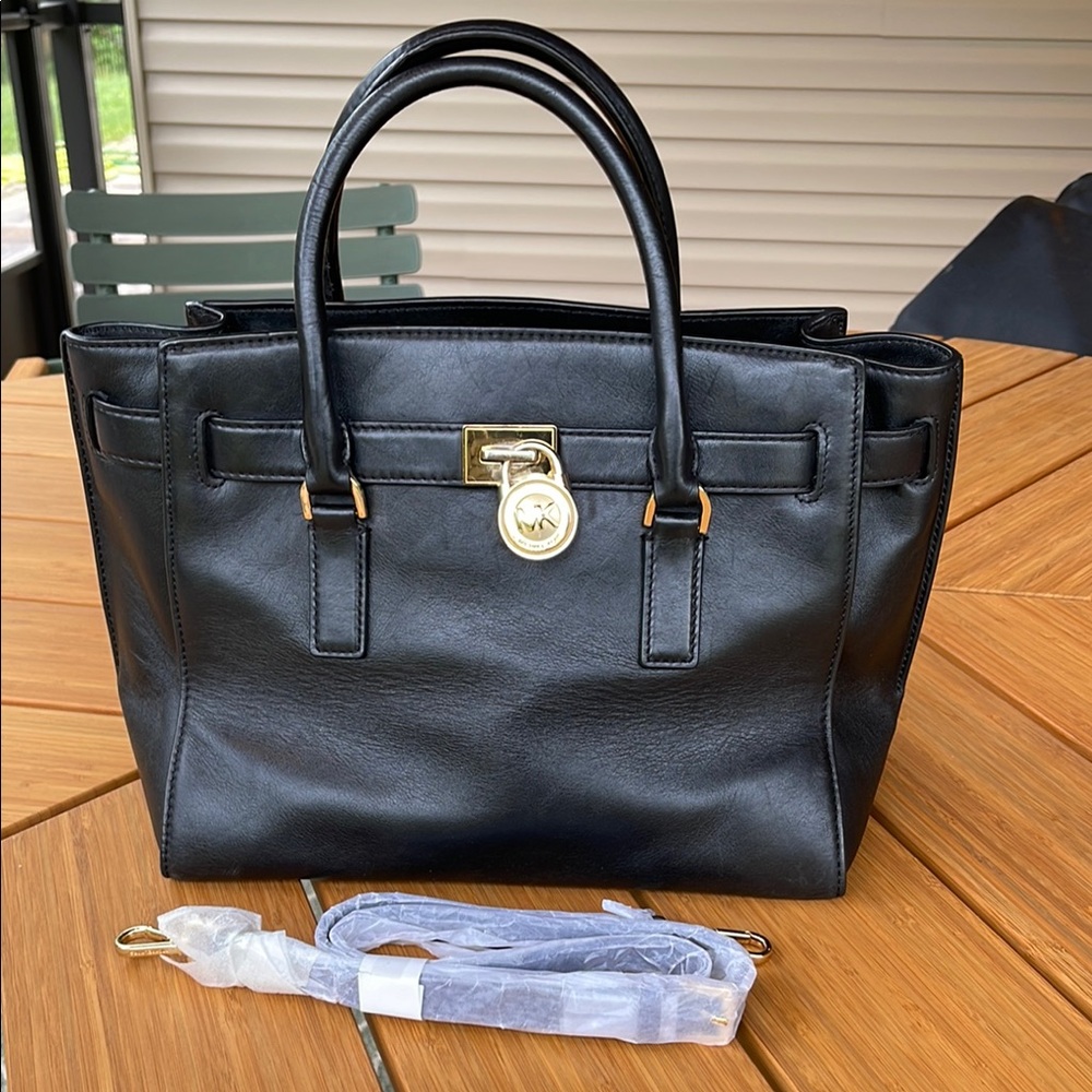 MICHAEL Michael Kors Black Leather Satchel with Gold Hardware